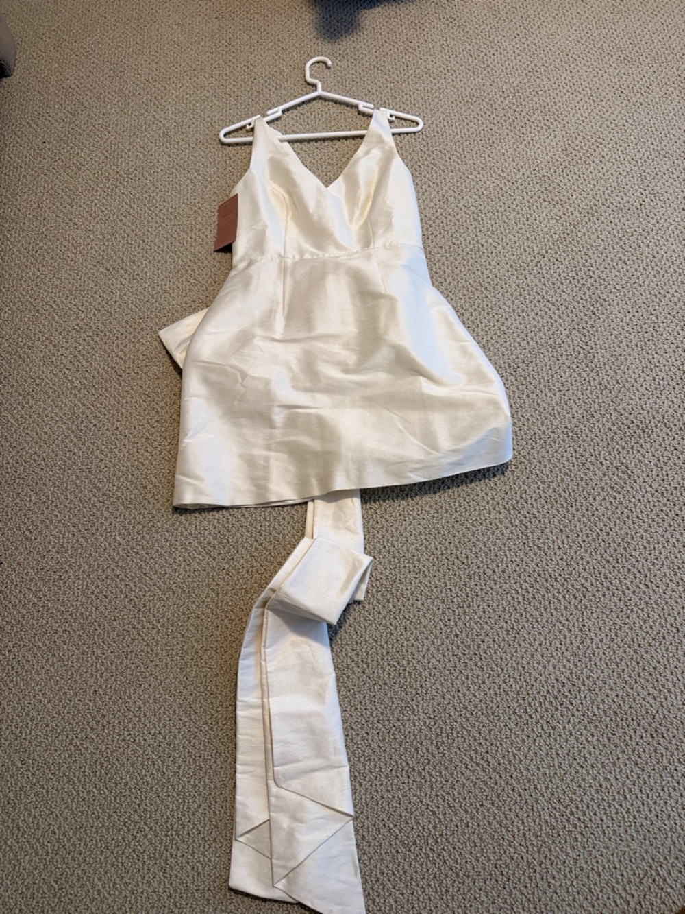 Sachin + Babi Ivory Satin V-Neck Mini Dress with Detachable Long Sash